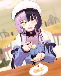 1girl absurdres beret black_bow black_hair black_nails black_ribbon blue_sweater bow cake cake_slice chair food fruit grey_hair hat highres hololive hololive_english incoming_food looking_at_viewer misterrai multicolored_hair open_mouth plate ribbon shiori_novella solo split-color_hair strawberry strawberry_shortcake sweater table two-tone_hair virtual_youtuber yellow_eyes