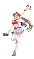 1girl :d absurdres animal_ears arm_up armband armpits bag bare_shoulders breasts brown_hair cat_ears cheerleader collared_shirt commentary crop_top deepmaru english_commentary estelle_(king&#039;s_raid) fake_animal_ears fingerless_gloves full_body gloves green_eyes highres holding king&#039;s_raid leg_up long_hair looking_at_viewer medium_breasts midriff miniskirt navel official_art open_mouth pleated_skirt ponytail red_shirt shirt shoes shoulder_bag single_glove skirt sleeveless sleeveless_shirt smile sneakers solo standing standing_on_one_leg stomach sweatband thighhighs transparent_background very_long_hair visor_cap whistle whistle_around_neck white_gloves white_skirt white_thighhighs zettai_ryouiki