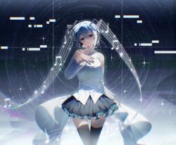 1girl absurdres bare_shoulders beamed_eighth_notes black_thighhighs blue_hair closed_mouth commentary cowboy_shot detached_sleeves eighth_note grey_eyes hair_between_eyes hand_on_own_chest hatsune_miku highres long_hair looking_at_viewer musical_note musical_staff night night_sky quarter_note sharp_sign shirt skirt sky smile solo star_(sky) star_trail thighhighs twintails uchihasakino very_long_hair vocaloid white_shirt