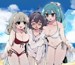 3girls an_sin araga_kiwi beach bikini blood blush breast_press breasts hiiragi_utena large_breasts mahou_shoujo_ni_akogarete minakami_sayo multiple_girls nosebleed side-tie_bikini_bottom swimsuit yuri