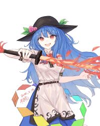 Rule 34 | 1girl, :d, absurdres, arm up, blue hair, blue skirt, breasts, commentary request, double-parted bangs, fire, flaming sword, flaming weapon, foreshortening, fruit hat ornament, gold trim, highres, hinanawi tenshi, holding, holding sword, holding weapon, kashiwada kiiho, leaf, long hair, looking at viewer, medium breasts, nail polish, open mouth, peach hat ornament, puffy short sleeves, puffy sleeves, rainbow order, red eyes, red nails, shirt, short sleeves, simple background, skirt, smile, solo, sword, sword of hisou, touhou, very long hair, weapon, white background, white shirt, wing collar