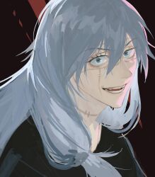1boy blue_eyes blue_hair hair_between_eyes jujutsu_kaisen long_hair looking_at_viewer mahito_(jujutsu_kaisen) male_focus mu_kmijj portrait smile solo stitched_face stitched_neck stitches teeth