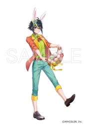 1boy ahoge animal_ears aqua_pants basket belt black_hair bow brown_shoes capri_pants collared_shirt copyright_notice easter easter_egg egg flower full_body green_hair green_shirt hair_between_eyes hair_bow hair_flower hair_ornament hana_arare holding holding_basket inami_rai jacket lapels loafers looking_at_viewer male_focus multicolored_hair neckerchief nijisanji notched_lapels official_art open_clothes open_jacket pants pink_flower pinstripe_pants pinstripe_pattern purple_eyes rabbit_ears red_belt red_flower red_jacket red_neckerchief sample_watermark shirt shirt_tucked_in shoes short_hair sidelocks simple_background sleeves_rolled_up solo standing standing_on_one_leg streaked_hair virtual_youtuber watermark white_background yellow_bow