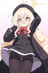 1girl black_coat black_gloves black_hat black_panties black_pantyhose black_shirt black_skirt blonde_hair blue_archive blush coat cowboy_shot gloves green_eyes halo hat highres io9 loli long_hair long_sleeves open_clothes open_coat open_mouth panties pantyhose professor_niyaniya_(blue_archive) shirt skirt solo underwear yellow_halo