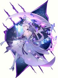 1girl back bare_shoulders black_bow bow bug butterfly castorice_(honkai:_star_rail) closed_mouth commentary dress elbow_gloves flower from_side full_body gloves hair_bow hair_flower hair_ornament high_heels highres holding holding_scythe holding_weapon honkai:_star_rail honkai_(series) insect long_hair looking_at_viewer meng_ying_can_xuan purple_butterfly purple_eyes purple_flower purple_gloves purple_hair scythe shoes solo very_long_hair weapon white_dress white_shoes