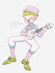 1boy absurdres animification bg_0862 duffy_and_friends fretless_instrument full_body green_hair hat highres holding holding_instrument humanization instrument looking_at_viewer olu_mel pants shirt shoes short_hair smile tagme ukulele