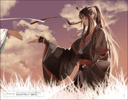 2boys ahoge black_hair black_hanfu chinese_clothes cloud evening grass hair_ribbon hanfu lan_wangji layered_sleeves long_hair long_sleeves looking_at_another looking_to_the_side male_focus modao_zushi multiple_boys orange_sky out_of_frame outdoors outside_border outstretched_hand ponytail red_ribbon ribbon sash sidelocks sky smile solo_focus standing twitter_username watermark wei_wuxian wide_sleeves yaoi ykmr_(haga)