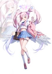 1girl alternate_costume alternate_hairstyle bag belt blue_archive blue_sailor_collar blue_skirt blush bow breasts cardigan cellphone feathered_wings full_body hair_bow halo heart heart_o-ring highres holding holding_phone jacket long_hair long_sleeves looking_at_viewer mika_(blue_archive) navel o-ring o-ring_belt open_mouth phone pink_bow pink_cardigan pink_hair pink_jacket pink_shoes sailor_collar school_bag school_uniform seia_(blue_archive) serafuku shoes shoulder_bag skirt smartphone smile socks solo stomach thigh_belt thigh_strap thighs twintails ugwa white_background white_serafuku white_socks white_wings wings yellow_eyes zoom_layer