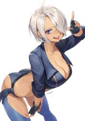 1girl ahoge angel_(kof) ass between_legs bikini blue_bikini blue_eyes breasts cleavage dark-skinned_female dark_skin horns_pose grin hair_over_one_eye hand_between_legs hichi highres large_breasts looking_at_viewer navel short_hair signature silver_hair smile solo swimsuit tan the_king_of_fighters thick_thighs thighs toned white_background