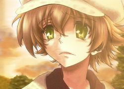 Rule 34 | 00s, 1boy, bad id, bad pixiv id, blonde hair, newsboy cap, clannad, green eyes, hat, kino (cupkino), male focus, nature, outdoors, plant, shima katsuki, short hair, sky, solo, tears