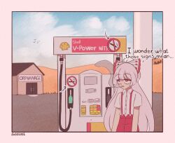 1girl 1koma bags_under_eyes blue_sky bow bright_pupils buttons cigarette cloud collared_shirt comic commentary english_commentary english_text eosd2002 fujiwara_no_mokou gas_station hair_bow highres long_hair orphanage pants pink_hair red_eyes red_pants shell_(company) shirt short_sleeves sidelocks sky smoking solo suspenders tareme touhou upper_body very_long_hair white_pupils white_shirt
