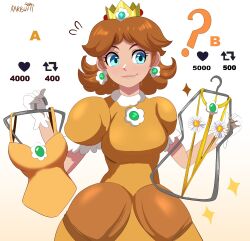 1girl ? absurdres artist_name blue_eyes brown_hair crown dress earrings flower_earrings gloves highres holding holding_swimsuit holding_unworn_clothes jewelry karbuitt like_and_retweet mario_(series) nintendo one-piece_swimsuit orange_dress orange_one-piece_swimsuit princess_daisy puffy_short_sleeves puffy_sleeves short_hair short_sleeves sparkle swimsuit unworn_swimsuit white_gloves