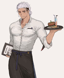 Rule 34 | 1boy, bara, black nails, character request, facial hair, feet out of frame, goatee stubble, highres, holding, holding tray, large pectorals, live a hero, male focus, medium hair, menu, muscular, muscular male, pectoral cleavage, pectorals, red eyes, smile, solo, standing, stubble, thick eyebrows, tray, tsurime, undercut, waiter, white hair, yusa (usa kotobuki)