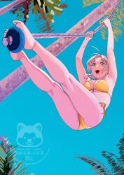 1girl absurdres antenna_hair barefoot bikini blue_sky breasts climbing_rope day from_below green_eyes grey_hair highres holding kantai_collection kinugasa_(kancolle) looking_at_viewer ojipon open_mouth orange_bikini outdoors palm_tree rope side-tie_bikini_bottom sky swimsuit tree twitter_username