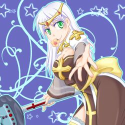 1girl arch_bishop_(ragnarok_online) aseiru blue_background breasts brown_dress circlet cleavage cleavage_cutout closed_mouth clothing_cutout commentary_request cowboy_shot cross dress flower flower_in_mouth green_eyes hammer holding holding_hammer juliet_sleeves lace lace-trimmed_thighhighs lace_trim large_breasts long_hair long_sleeves looking_at_viewer puffy_sleeves ragnarok_online reaching reaching_towards_viewer sash smile solo thighhighs two-tone_dress war_hammer weapon white_dress white_hair white_thighhighs yellow_flower yellow_sash