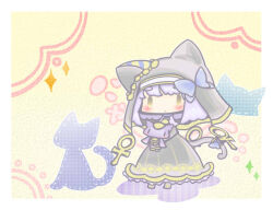 Rule 34 | animal, animal ear headwear, ankh, bastet lore, black dress, blue hair, blue ribbon, cat, cat girl, cat tail, chibi, dress, emil chronicle online, fake animal ears, hair ribbon, holding, holding animal, homurabi, nun, ribbon, tail, yellow eyes