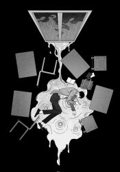 Rule 34 | 1boy, bag, benkdjjituibot, black hair, book, cloud, coat, desk, dress shoes, faceless, from above, full body, grey coat, greyscale, highres, implied attack, kim dokja, knees together feet apart, leaking, lying, male focus, messy room, monochrome, omniscient reader&#039;s viewpoint, on ground, on side, open book, outstretched hand, puddle, rain, ripples, school desk, short hair, solo, unconscious, window