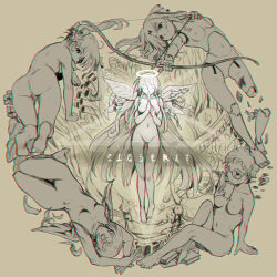 5girls all_fours amputee angel_wings arm_support arms_up arrow_(projectile) ass asymmetrical_wings barefoot book bow_(weapon) breasts brown_theme closed_eyes commentary_request completely_nude copyright_name doll_joints drawing_bow feathers fish glasses glowing greenheart hair_ribbon halo holding holding_book holding_bow_(weapon) holding_feather holding_weapon inverted_pentagram joints leaf long_hair looking_at_viewer looking_back medium_breasts meguro_miyuki mismatched_wings monochrome mouth_hold multiple_girls nipples nude own_hands_together pentagram plant_wings ribbon sayonara_wo_oshiete severed_leg severed_limb short_hair sitting small_breasts sugamo_mutsuki takada_nozomi tamachi_mahiru tentacles twintails ueno_koyori very_long_hair weapon wings