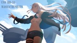 1girl artist_request azur_lane dark-skinned_female dark_skin english_text massachusetts_(azur_lane) military_vehicle navel ship shorts tagme tattoo warship watercraft