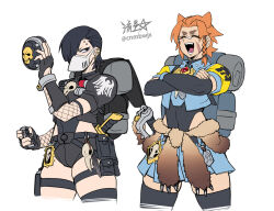 2girls adeptus_astartes arm_guards backpack bag bandaid bandaid_on_face bandaid_on_nose black_eyes black_eyeshadow black_gloves black_hair black_nails black_thighhighs blue_skirt braid commentary crossed_arms detached_sleeves ear_piercing earrings eyeshadow face_piercing facial_scar fingerless_gloves forehead_piercing genderswap genderswap_(mtf) gloves hair_over_one_eye highleg highleg_leotard holding jewelry leotard leotard_under_clothes makeup micro_shorts miniskirt multiple_girls orange_hair pelt piercing pleated_skirt pouch raven_guard ryuusei_(mark_ii) scar scar_on_cheek scar_on_face short_hair shorts side_braid single_braid skindentation skirt sleeping_bag space_wolves thick_eyebrows thigh_pouch thighhighs warhammer_40k weapon zettai_ryouiki