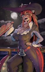 1girl absurdres alternate_costume black_pants black_sky bottle boutsoftheblind breasts cleavage closed_eyes dragon_girl dragon_horns dragon_tail hand_on_own_hip hat highres holding holding_bottle horns large_breasts long_hair night night_sky open_mouth pants pirate_hat red_hair sky smile solo star_(sky) starry_sky tail teeth upper_teeth_only very_long_hair virtual_youtuber vshojo zentreya zentreya_(dragon)