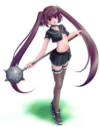 1girl female_focus flail flat_chest frilled_thighhighs frills golf_club honuni hozumi_isatsu kooh long_hair mace midriff miniskirt morning_star navel pangya purple_hair red_eyes skirt solo spiked_mace spikes thighhighs twintails weapon zettai_ryouiki