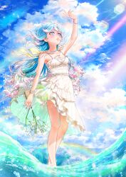 Rule 34 | 1girl, absurdres, alternate costume, arm up, bare legs, bead bracelet, beads, blue eyes, blue hair, bracelet, breasts, cleavage, cloud, commentary, dress, english commentary, flower, highres, holding, holding flower, hololive, hololive indonesia, holonatsu paradise, jewelry, kobo kanaeru, long hair, looking up, multicolored hair, open mouth, outdoors, pink lips, rainbow, red nails, sky, small breasts, solo, summer, virtual youtuber, water, white dress, white flower, white hair, zoru pines