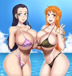 2girls asymmetrical_docking bikini black_hair blue_eyes blush breast_press breasts cleavage highleg highleg_bikini highres huge_breasts lips long_hair micro_bikini multiple_girls nami_(one_piece) nico_robin o-ring o-ring_bikini ocean one_piece open_mouth orange_eyes orange_hair shiny_skin skindentation smile swimsuit twrlare v water