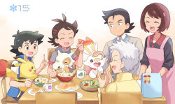 2girls 3boys :d ^_^ apron ash_ketchum bad_id bad_pixiv_id baseball_cap black_hair black_sweater blue_jacket blue_shorts blush bone bowl bread brown_hair bulbasaur camille_(pokemon) chair character_print closed_eyes collared_shirt creature creatures_(company) cubone cup dark-skinned_male dark_skin dinner episode_number family father_and_son food game_freak gen_1_pokemon gen_8_pokemon gengar goh_(pokemon) grandmother_and_grandson grey_hair grey_shirt grey_sweater happy hat unworn_hat headpat unworn_headwear holding holding_bone holding_spoon husband_and_wife ikuo_(pokemon) index_finger_raised jacket looking_at_another mei_(maysroom) mother_and_son mug multiple_boys multiple_girls nintendo old old_woman on_chair on_lap one_eye_closed open_mouth pikachu pink_apron plate pokemon pokemon_(anime) pokemon_(creature) pokemon_journeys pokemon_on_lap rabbit red_headwear salad scorbunny shirt short_hair shorts sitting sitting_on_lap sitting_on_person smile soup spoon standing staryu sweater table teeth themed_object tome_(pokemon) upper_teeth_only white_shirt wrinkled_skin yellow_sweater |d
