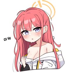 1girl absurdres bare_shoulders blue_archive blush breasts cropped_torso halo highres jacket long_hair long_sleeves looking_at_viewer medium_breasts off_shoulder open_mouth purple_eyes red_halo simple_background solo sweat tagyeokgam upper_body white_background white_jacket yellow_halo yuzu_(blue_archive)