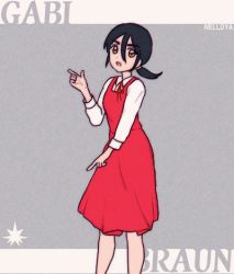 1girl animated animated_gif artist_name bad_link black_hair bow brown_eyes character_name chikattochikachika_(kaguya-sama_wa_kokurasetai) dab_(dance) dancing dress female_focus fujiwara_chika gabi_braun happy kaguya-sama_wa_kokurasetai_~tensai-tachi_no_renai_zunousen~ looking_at_viewer lowres meme mina_(als_dk) open_mouth parody pinafore_dress ponytail red_dress ribbon shingeki_no_kyojin sleeveless sleeveless_dress smile solo sparkle style_parody