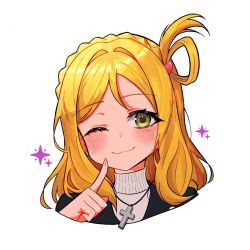 1girl blonde_hair braid closed_mouth cross cross_necklace earrings hand_up head_tilt highres jewelry long_hair love_live! love_live!_sunshine!! necklace ohara_mari pointing rochie simple_background smile smug solo star_(symbol) sweater upper_body wavy_hair white_background yellow_eyes