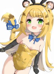 1girl absurdres animal_ears bell black_gloves blonde_hair blue_bow bow breasts covered_navel detached_collar elbow_gloves fake_animal_ears fang gloves green_eyes highres ju_fufu leotard long_hair playboy_bunny shinonome_meguri skin_fang small_breasts solo strapless strapless_leotard tail tail_ornament tiger_ears tiger_girl tiger_tail yellow_leotard zenless_zone_zero