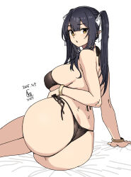 1girl arm_support ass bikini black_bikini black_hair bracelet breasts curvy dated highres houtengeki huge_ass jewelry large_breasts long_hair looking_back original side-tie_bikini_bottom simple_background solo swimsuit thong_bikini twintails white_background yellow_eyes
