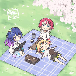3girls akane_yuki artist_name colored_inner_hair hanami highres idolmaster idolmaster_va-liv kamizuru_cosmo lap_pillow letora_(idolmaster) multicolored_hair multiple_girls on_grass outdoors picnic_blanket tomori_manaka