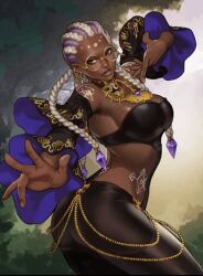 1girl ass bend bent_over bodypaint braid braided_ponytail breasts cleavage clothing_cutout collar curvy dark-skinned_female dark_skin dolores_(kof) dress female_focus from_behind glasses gold green_eyes huge_ass huge_breasts jewelry large_breasts long_hair long_sleeves looking_back multicolored_hair nature nature_background necklace outdoors pants purple_hair round_eyewear shiny_skin standing the_king_of_fighters thick_thighs thighs tree two-tone_hair very_dark_skin white_hair