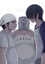 3boys apron arm_hair boku_no_kokoro_no_yabai_yatsu character_request closed_mouth faceless faceless_male facial_hair highres looking_at_another male_focus mitsudomoe_(manga) multiple_boys mustache rororro! sacra_(sacrabokuyaba) shirt short_hair welding_mask white_apron white_shirt yamada_yuuki_(bokuyaba)