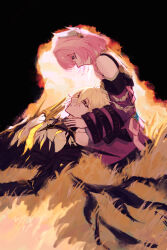 Rule 34 | 1boy, 1girl, absurdres, blonde hair, blue eyes, chinese commentary, coat, commentary request, cyrene (honkai: star rail), gold blood, hair ornament, highres, honkai: star rail, honkai (series), lap pillow, looking at another, lyaurelia12, medium hair, phainon (honkai: star rail), pink hair, purple coat, spikes, wheat, wheat field, yellow eyes
