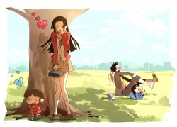 Rule 34 | 2boys, 2girls, absurdres, black hair, blush, boa hancock, character request, closed eyes, commentary request, crayon shin-chan, den den mushi, earrings, hand on own cheek, hand on own face, hands on own cheeks, hands on own face, hat, hat on back, heart, highres, jewelry, korean commentary, laughing, long hair, monkey d. luffy, multiple boys, multiple girls, nohara shinnosuke, one eye closed, one piece, open mouth, outdoors, sanam 1piece, short hair, snake earrings, standing, standing on one leg, straw hat, tree