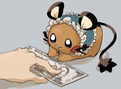 animal_focus baachamu banknote blue_bonnet blush_stickers bonnet brown_eyes buck_teeth closed_mouth clothed_pokemon creatures_(company) dedenne disembodied_hand dollar_bill ears_through_headwear frilled_bonnet frills full_body game_freak gen_6_pokemon grey_background money nintendo no_humans pokemon pokemon_(creature) simple_background solo_focus teeth