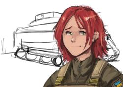 1boy bishounen commission commissioner_upload green_eyes green_jacket international_legion_of_ukraine jacket kenneth_del_duca looking_to_the_side male_focus messy_hair military_uniform military_vehicle motor_vehicle non-web_source number-seventeen original red_hair russo-ukrainian_war sketch smile soldier stray_hair tank ukraine ukrainian_flag zipper zipper_pull_tab
