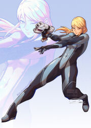 1girl absurdres blonde_hair blue_bodysuit blue_eyes bodysuit breasts chuckuddin closed_mouth commentary full_body highres long_hair metroid metroid:_samus_returns mole mole_under_mouth nintendo patreon_username samus_aran signature skin_tight zero_suit zoom_layer