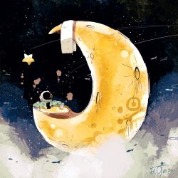 1other absurdres astronaut bath cheese commentary commentary_request crescent crescent_moon food gloves helmet highres kazunoko_(kazunoko_zunoco) moon night night_sky original science_fiction sky solo space space_helmet spacesuit star_(sky)