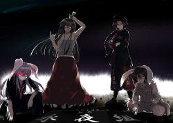 Rule 34 | 4girls, alternate costume, animal ears, armband, bare shoulders, baseball bat, black hair, bousouzoku, braid, carrot, carrot necklace, cigarette, clothes writing, crossed arms, delinquent, female focus, fingernails, glowing, glowing eyes, hat, highres, houraisan kaguya, inaba tewi, jewelry, long hair, manimani, manimani (unagi), md5 mismatch, multiple girls, navel, necklace, night, nurse cap, purple eyes, rabbit ears, red eyes, reisen udongein inaba, resolution mismatch, sailor, sarashi, silver hair, source smaller, star (symbol), tongue, touhou, very long hair, yagokoro eirin