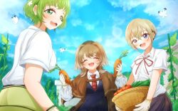 3girls :3 :d apron basket black_skirt blonde_hair blue_sky blue_vest blush breasts brown_cape brown_capelet brown_hair brown_hat bug butterfly butterfly_on_head cape capelet carrot closed_eyes cloud collared_shirt colored_tips crossed_bangs cucumber dirty dirty_clothes flower food from_below garden gardening gloves green_apron green_hair hair_between_eyes hair_flower hair_ornament hasu_hasuha hat highres holding holding_basket holding_food holding_vegetable insect kimi_no_koto_ga_dai_dai_dai_dai_daisuki_na_100-nin_no_kanojo kusanochika lens_flare looking_at_viewer medium_hair multicolored_hair multiple_girls necktie ohananomitsu_high_school_uniform open_mouth plaid_clothes plaid_hat plaid_necktie plant red_necktie school_uniform shirt short_hair short_sleeves sidelocks skirt sky smile sutou_iku teeth thick_eyebrows tomato tree two_side_up upper_teeth_only vegetable vest vines waist_apron white_flower white_gloves white_shirt yasashiki_yamame