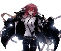 1girl arknights backlighting belt belt_buckle black_gloves black_jacket black_pants breast_pocket breasts buckle carabiner chinese_commentary closed_eyes collared_shirt commentary_request cowboy_shot crownslayer_(arknights) detached_sleeves fingerless_gloves gloves hair_between_eyes hair_ornament hairclip hand_up highres hyena_ears hyena_girl hyena_tail jacket jacket_on_shoulders key keyring long_sidelocks medium_breasts mixed-language_commentary pants pocket red_hair shadow71580825 shirt short_hair short_sleeves sidelocks smoke_grenade solo sweatdrop white_background white_shirt