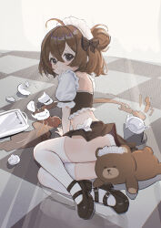 1girl accident ahoge arm_support ass black_bow black_eyes black_shirt black_shoes bow brown_hair chack520 checkered_floor crop_top cup fallen_down frilled_shirt frills from_behind full_body grey_eyes hair_between_eyes hair_bow hair_bun highres looking_at_viewer looking_back maid maid_headdress mary_janes midriff miniskirt on_floor original panties pleated_skirt puffy_short_sleeves puffy_sleeves shirt shoes short_hair short_sleeves single_hair_bun sitting skirt solo spill stuffed_animal stuffed_toy teacup teapot teddy_bear thighhighs tray underwear white_panties white_thighhighs yokozuwari