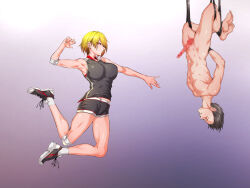 Rule 34 | 1boy, 1girl, aho manten, arms behind back, black shirt, black shorts, bound, bound wrists, clothed female nude male, elbow pads, femdom, jumping, knee pads, nude, shirt, shoes, shorts, sneakers, sportswear, suspension, upside-down