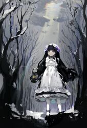 1girl absurdres apron bare_tree black_dress black_hair black_shoes chinese_commentary closed_mouth cloud commentary_request dated dress frilled_apron frills full_body grey_sky hair_intakes hat heterochromia highres holding holding_lantern lantern long_hair long_sleeves maid maid_apron mob_cap multicolored_eyes original outdoors pantyhose petticoat ribbon sample_watermark shoes sky smile solo tree vihua6 watermark white_apron white_eyes white_hat white_pantyhose white_ribbon winter