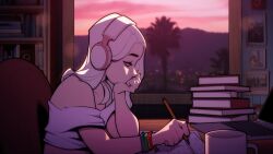 1boy blonde_hair book book_stack bracelet cherrymousestreet cup from_side headphones highres indoors israel_block_(slutwriter) jewelry long_hair original pencil shirt sitting solo trap white_shirt